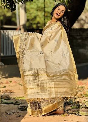 off-white tussar art silk blend weaving zari border & kalamkari embroidered saree 5