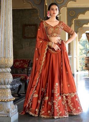 Orange Silk Thread Embroidery Work Lehenga Choli 5