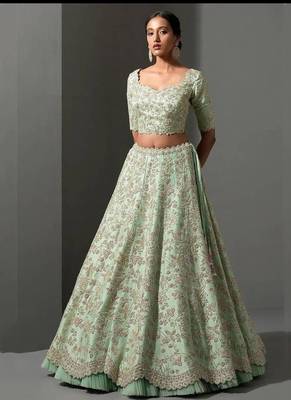 Pista green thread work silk lehenga set choli with dupatta 4