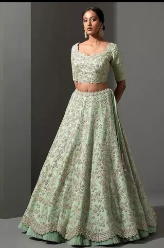 Pista green thread work silk lehenga set choli with dupatta