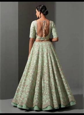 Pista green thread work silk lehenga set choli with dupatta 5