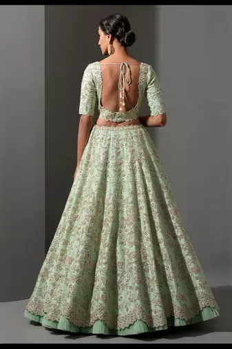 Pista green thread work silk lehenga set choli with dupatta
