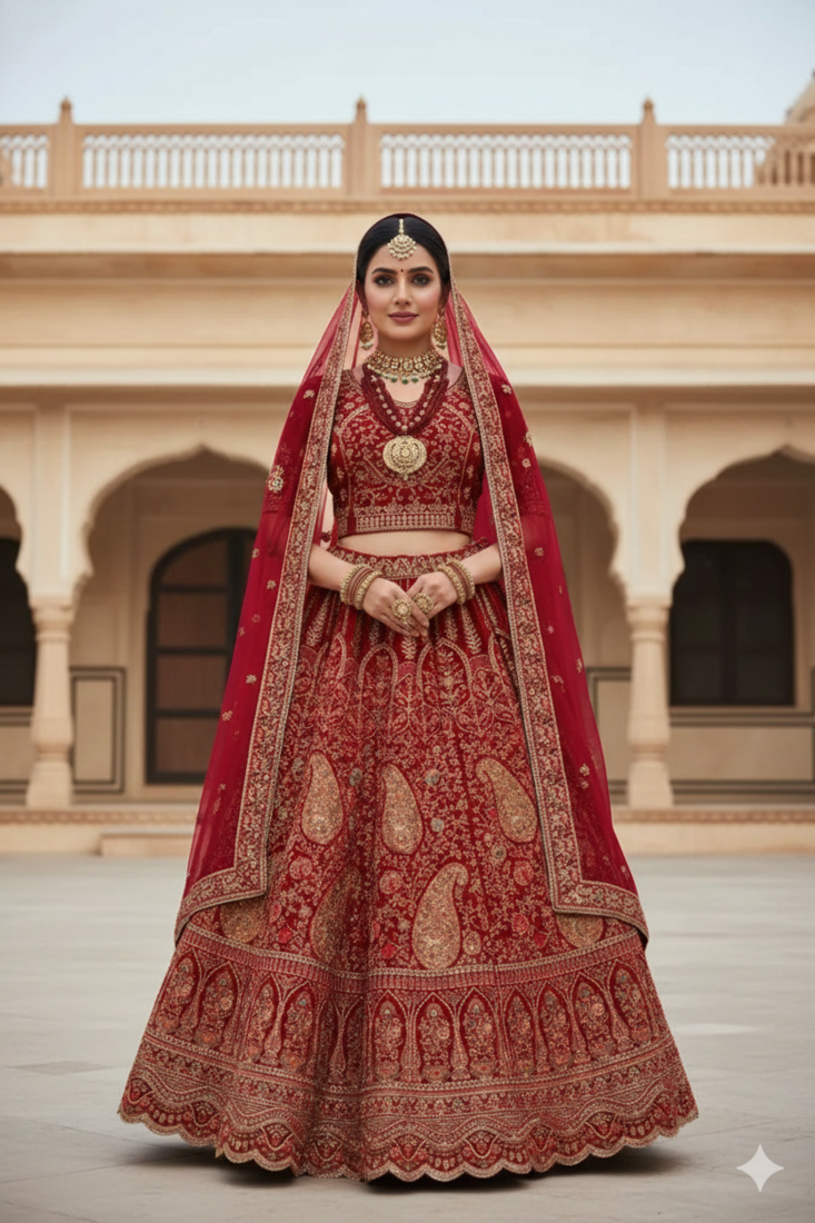 Kashmiri Work Royal Red Lehenga With Unstitched Blouse