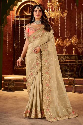 Beige pure viscose tissue jaqurad anmol zari saree