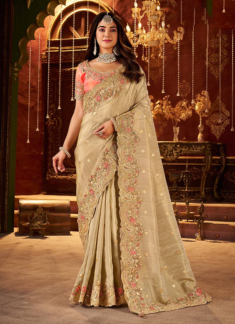 Beige pure viscose tissue jaqurad anmol zari saree