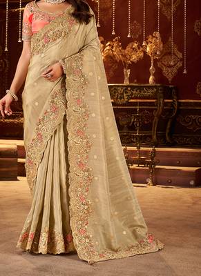 Beige pure viscose tissue jaqurad anmol zari saree 2