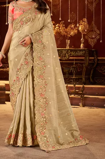 Beige pure viscose tissue jaqurad anmol zari saree