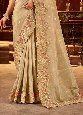 Beige pure viscose tissue jaqurad anmol zari saree 3