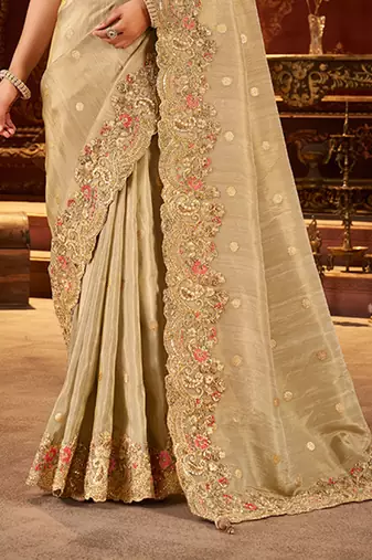 Beige pure viscose tissue jaqurad anmol zari saree