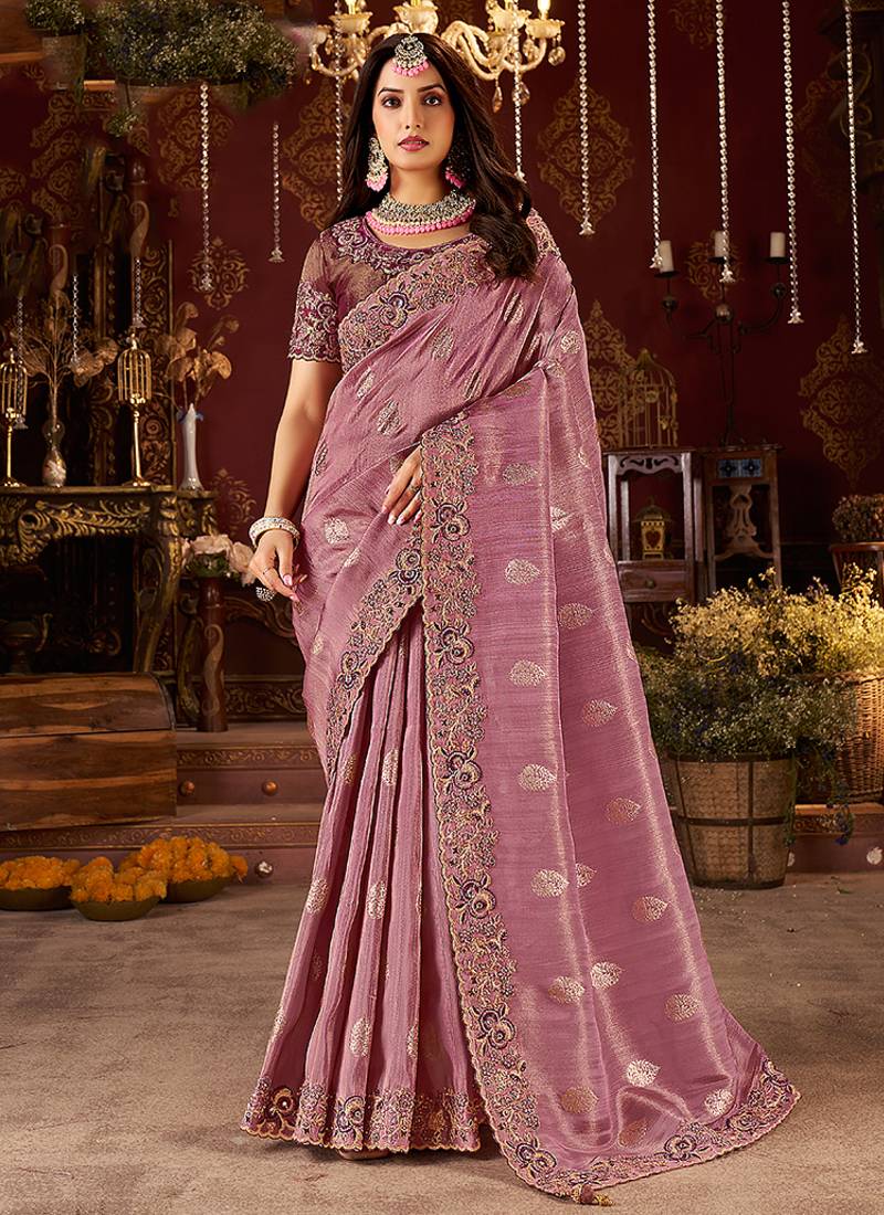 Purple pure viscose tissue jaqurad anmol zari saree