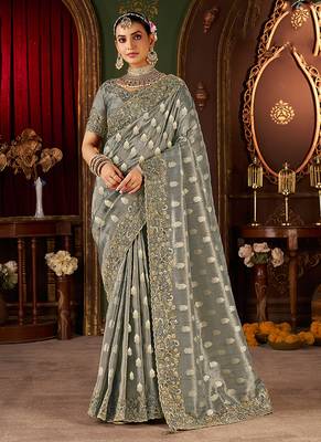 Grey pure viscose tissue jaqurad anmol zari saree 1