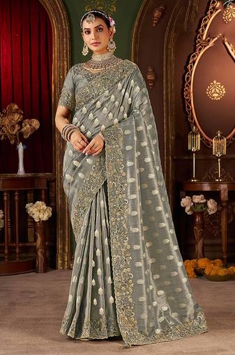 Grey pure viscose tissue jaqurad anmol zari saree