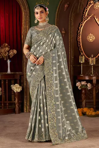 Grey pure viscose tissue jaqurad anmol zari saree
