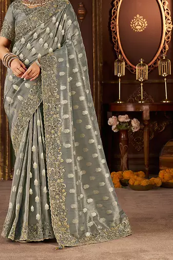 Grey pure viscose tissue jaqurad anmol zari saree