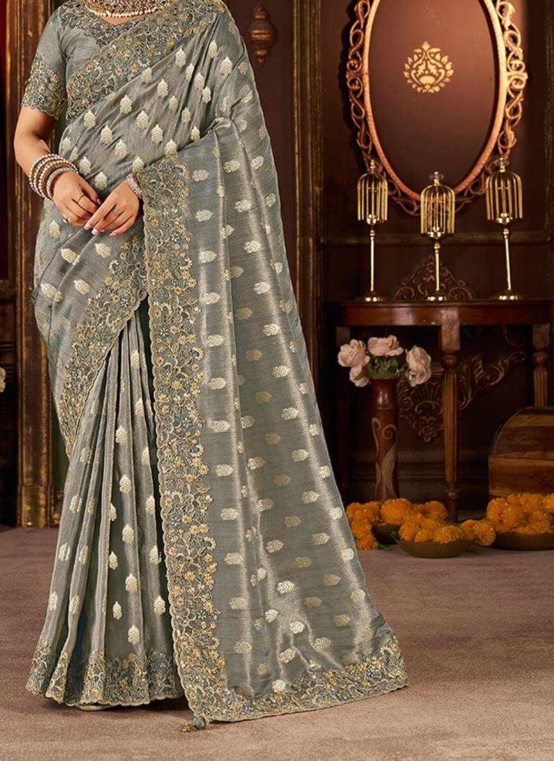 Grey pure viscose tissue jaqurad anmol zari saree