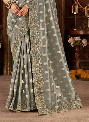 Grey pure viscose tissue jaqurad anmol zari saree 3