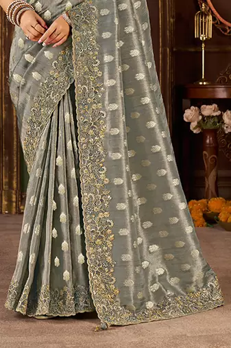 Grey pure viscose tissue jaqurad anmol zari saree