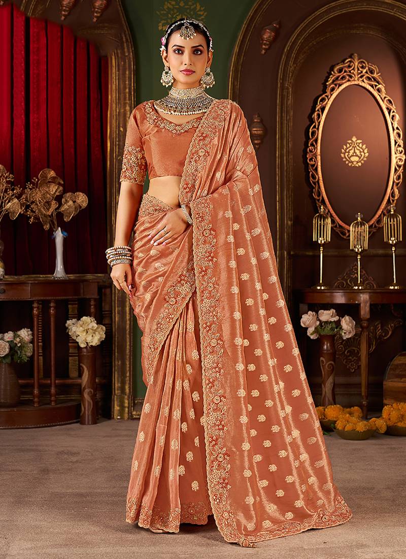 Orange pure viscose tissue jaqurad anmol zari saree