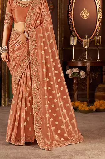 Orange pure viscose tissue jaqurad anmol zari saree