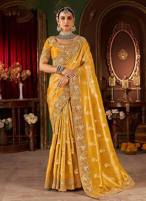 Musturd pure viscose tissue jaqurad anmol zari saree 1