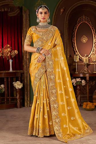 Musturd pure viscose tissue jaqurad anmol zari saree
