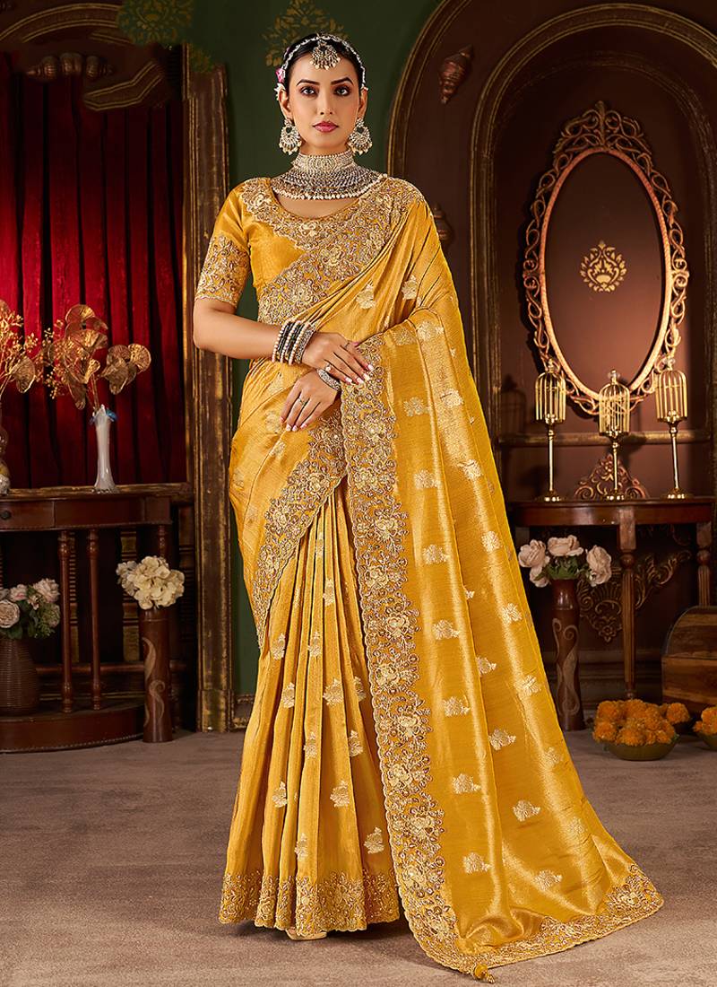 Musturd pure viscose tissue jaqurad anmol zari saree