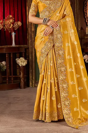 Musturd pure viscose tissue jaqurad anmol zari saree