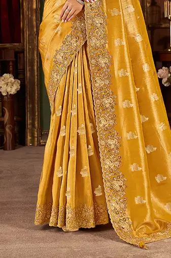 Musturd pure viscose tissue jaqurad anmol zari saree