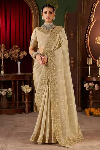 Beige pure viscose tissue jaqurad anmol zari saree