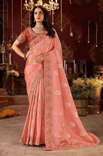 Peach pure viscose tissue jaqurad anmol zari saree