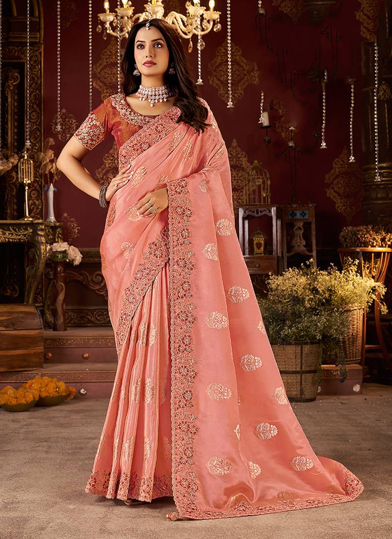 Peach pure viscose tissue jaqurad anmol zari saree