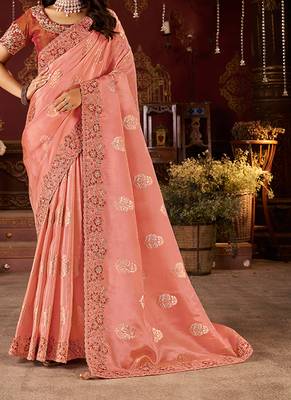 Peach pure viscose tissue jaqurad anmol zari saree 2