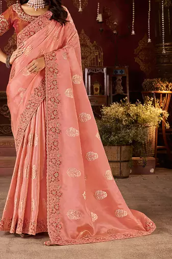 Peach pure viscose tissue jaqurad anmol zari saree