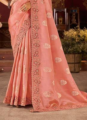 Peach pure viscose tissue jaqurad anmol zari saree 3