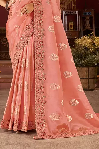 Peach pure viscose tissue jaqurad anmol zari saree