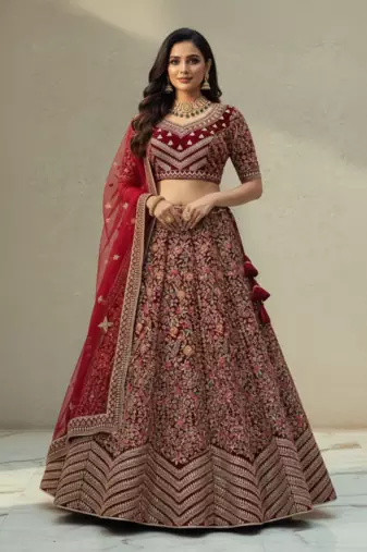 Kashmiri Work Royal Maroon Lehenga With Unstitched Blouse