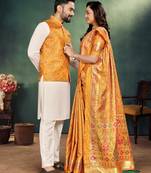 Orange jacquard silk kurta payjama koti & saree couple set