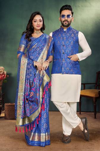 Royal blue jacquard silk kurta payjama koti & saree couple set