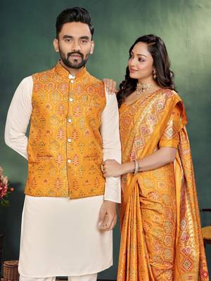 Orange jacquard silk kurta payjama koti & saree couple set 2