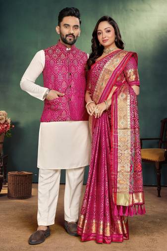 Pink jacquard silk kurta payjama koti & saree couple set