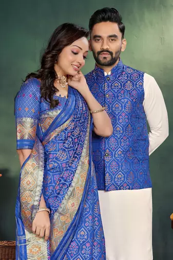 Royal blue jacquard silk kurta payjama koti & saree couple set