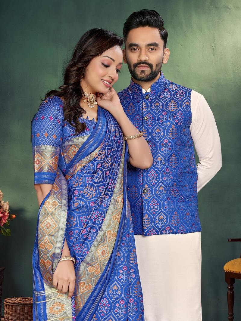 Royal blue jacquard silk kurta payjama koti & saree couple set