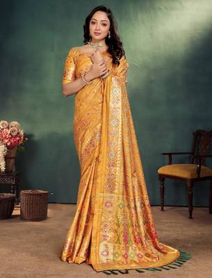 Orange jacquard silk kurta payjama koti & saree couple set 3