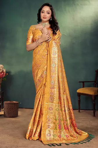 Orange jacquard silk kurta payjama koti & saree couple set