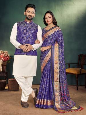 Navy blue jacquard silk kurta payjama koti & saree couple set 1