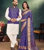 Navy blue jacquard silk kurta payjama koti & saree couple set