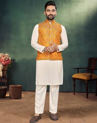 Orange jacquard silk kurta payjama koti & saree couple set 4