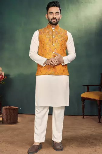 Orange jacquard silk kurta payjama koti & saree couple set