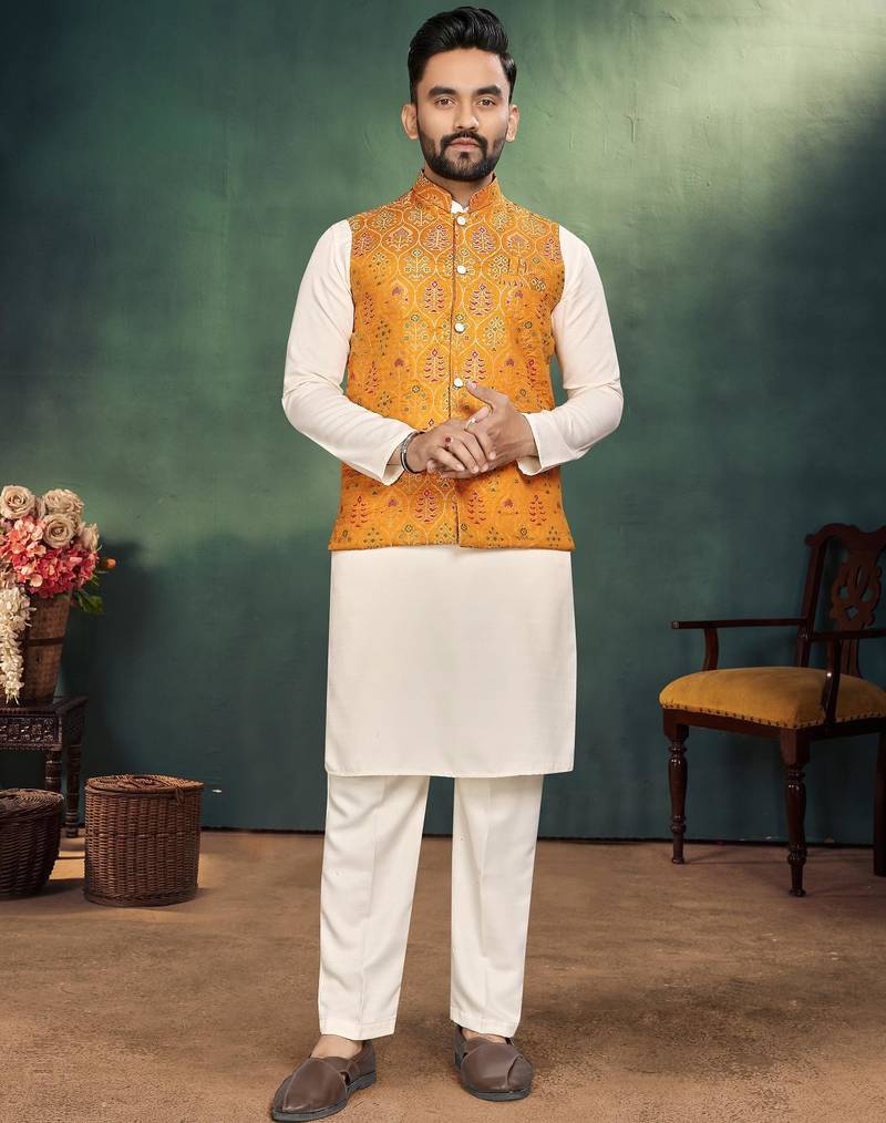 Orange jacquard silk kurta payjama koti & saree couple set