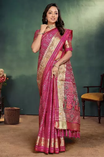 Pink jacquard silk kurta payjama koti & saree couple set